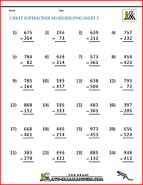 Three Digit Subtraction without Regrouping Worksheets