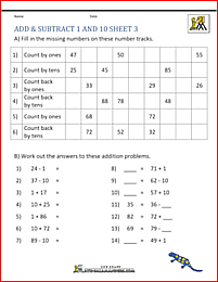 addition and subtraction worksheets add subtract 1 and 10 3
