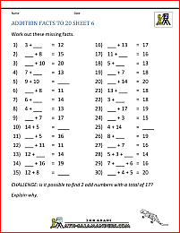 addition facts worksheets to 20 6