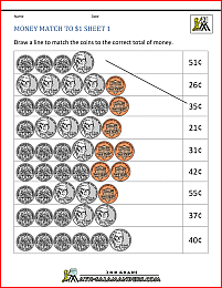 free math money worksheets money match to 1 dollar 1