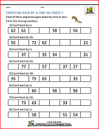 free math worksheets count back by 1s 10s 1