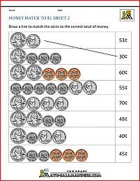 free money worksheets money match to 1 dollar 2