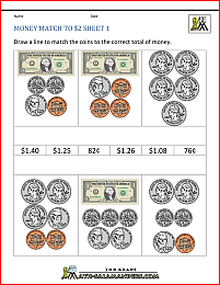 free printable money worksheets money match to 2 dollars 1