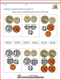 homeschool maths worksheets money match to 5 pounds 2