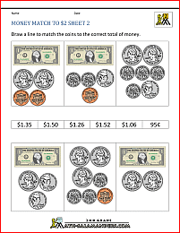 math money worksheets money match to 2 dollars 2