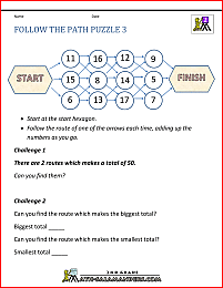 math puzzles printable follow the path 3