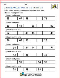 math worksheets printable count on back by 1s 10s 1