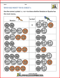 money printable worksheets who has most to 1 dollar 1