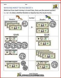 money printable worksheets who has most to 10 dollars 1