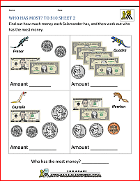money worksheets who has most to 10 dollars 2