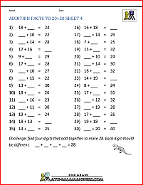 printable addition worksheets to 20 plus 20 4