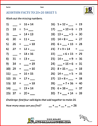 printable addition worksheets to 20 plus 20 5