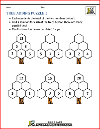 printable math puzzles tree adding puzzle 1