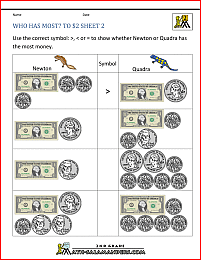 printable money worksheets who has most to 2 dollars 2