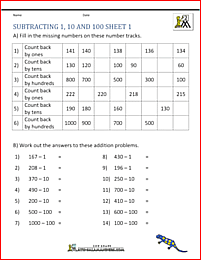 printable subtraction worksheets subtracting 1 10 and 100 1