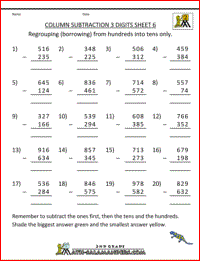 subtraction for kids column subtraction 3 digits 6