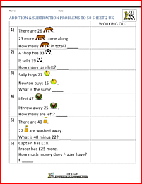 year 2 addition and subtraction problems to 50 2uk