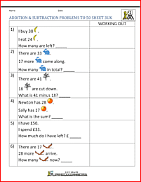 year 2 addition and subtraction problems to 50 3uk