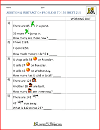 year 3 addition and subtraction word problems to 150 2uk