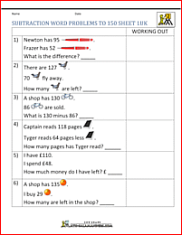 year 3 subtraction word problems to 150 1uk